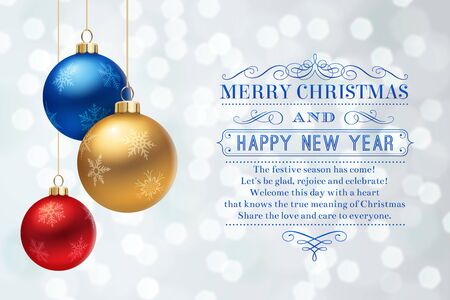 A White Christmas background, with 3 multicolored christmas balls decorated with snowflakes, hanging from above.の写真素材