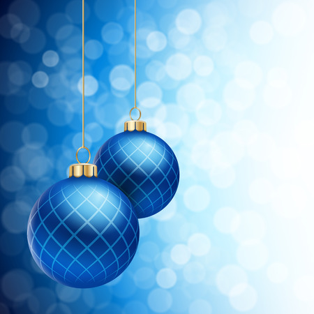 A Blue defocused Christmas background, with two blue striped christmas balls decorated with snowflakes, hanging from above.のイラスト素材