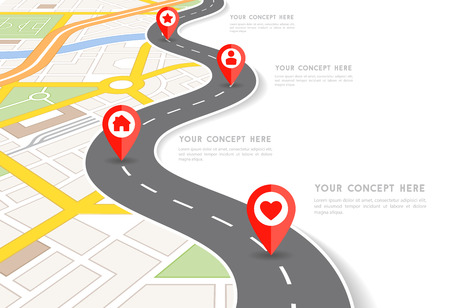 Vector Infographic with a tortuous road separating blank space from a Perspective city map with red markers and rounded icons.のイラスト素材