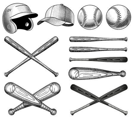 Vector Vintage Baseball Equipment illustrations, with bats, balls and headgear.のイラスト素材