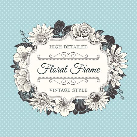 wedding label with a frame composed of detailed green-blue flowers illustrationsのイラスト素材