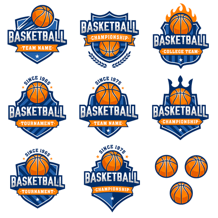 Collection of eight colorful Basketball  and insigniasのイラスト素材