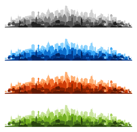 Colorful illustrations of urban cityscape skylines from suburbs to do downtownのイラスト素材