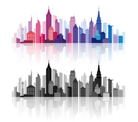 Colorful and greyscale high detail illustrations of Downtown buildings skyline silhouettesのイラスト素材