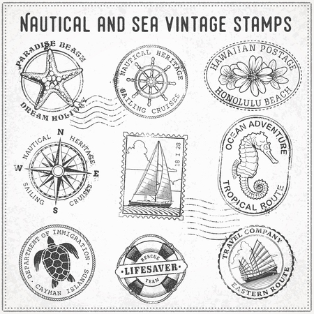 collection of nine grunge vintage vector stamps Illustrations, with sea and sea journey theme.のイラスト素材