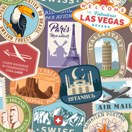 Seamless Pattern Texture vector illustration with lots of colorful stamps of travel destinations and travel concepts.のイラスト素材