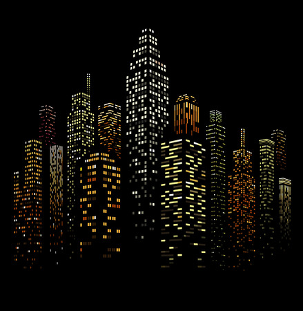 Vector illustration of black and white skyscrapers, with black buildings and colored windows. All windows shapes are present so you can easily edit window colors.のイラスト素材