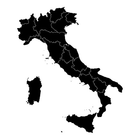 Black and White vector silhouette cartography map of Italian political borders and regional administrative borders and Region namesのイラスト素材