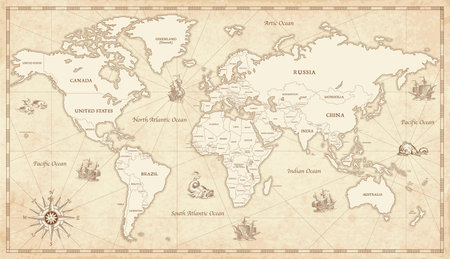 Great Detail Illustration of the world map in vintage style with all countries boundaries and names on a old parchment background.のイラスト素材