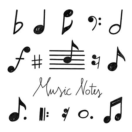 Hand Drawn chalk grunge notes and music symbols vector illustrations on a vector Chalkboard Backgroundのイラスト素材