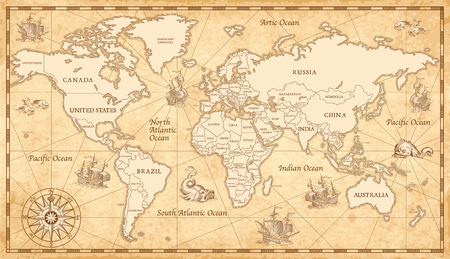 Great detail Illustration of the world map in vintage style.のイラスト素材