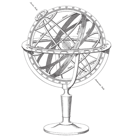 High quality black and white vector illustration of an historical Armillary Sphere engraving.のイラスト素材