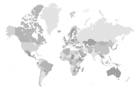 Vector illustration of a grey detailed world map with Mercator projection with all country as separated shapes and in different shades of grayのイラスト素材