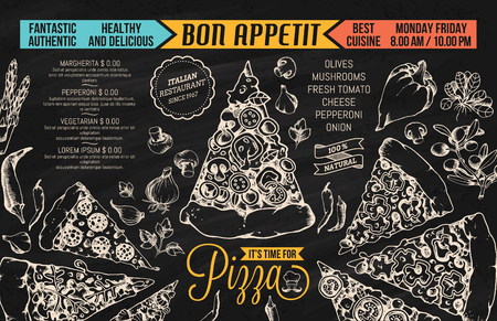 Restaurant Menu Template with hand Drawn high detail Vector illustration of Pizza Slices with many different tastes and also single illustrations of many vegetable ingredientsのイラスト素材