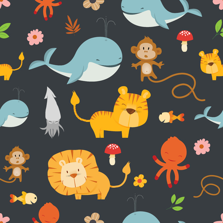 Really cute cartoon Wild Animals seamless pattern vector illustrationのイラスト素材