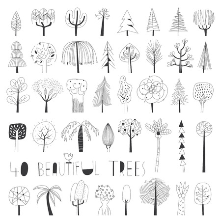 Set of forty black and white vector illustrations of abstract trees, of all kind of trees, from tropical to tundra, in a exotic hand drawn styleのイラスト素材