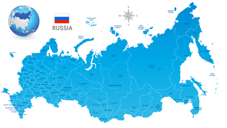 Vector Illustration of a Blue Russian federation Administrative Map with 3d Globe of Earth centered on Russiaのイラスト素材
