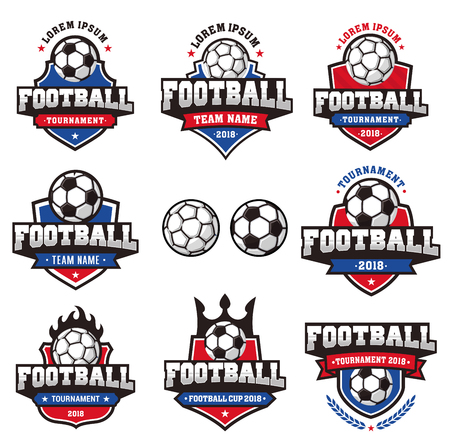 Collection of eight Red and Blue and white Vector football or soccer logo and insignias for 2018 football tournaments or cupsのイラスト素材