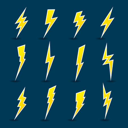 Collection of twelve yellow lightning bolt hand drawn icons illustrations on blue backgroundのイラスト素材