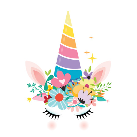 Vector Illustration of a Magical Unicorn Cartoon with flower decorations.のイラスト素材