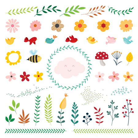 Collection of cute vector illustrations of cartoon flowers, birds, plants and insectsのイラスト素材