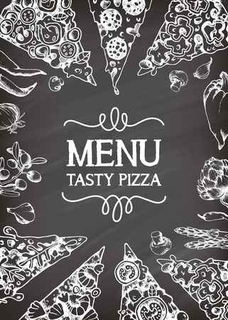 Hand drawn vector illustration for an italian Pizza Menu. For restaurant, pizzeria or delivery comunication.のイラスト素材