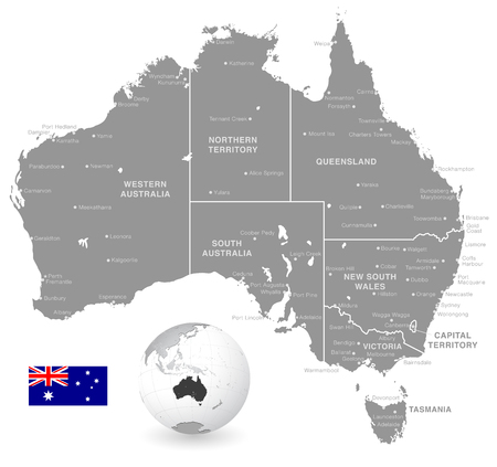 Grey Vector Map of Australia with Administrative borders, City and Region Names, international bordering countries and a 3D Globe centered on Australiaのイラスト素材