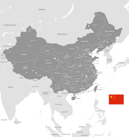 Grey Vector Map of China with Administrative borders, City and Region Names and international bordering countriesのイラスト素材