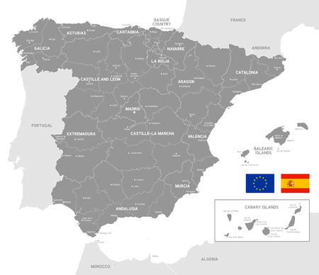 Grey Vector Map of Spain with Administrative borders, City and Region Names and international bordering countriesのイラスト素材