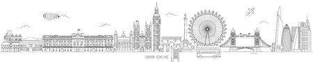 London Thin Line Skyline Vector Illustration with the most iconic landmarks of the United Kingdom Capital cityのイラスト素材