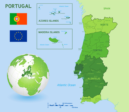 Green political vector map of Portugal and main islands with flags of Portugal and European Union and a 3D globe centered on Europe with EU countries and Portugal highlighted.のイラスト素材