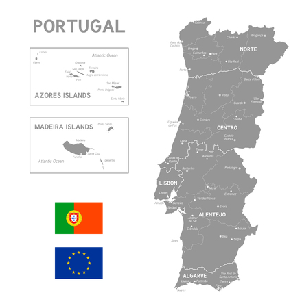Grey Vector Map of Portugal with Administrative borders, City and Region Namesのイラスト素材