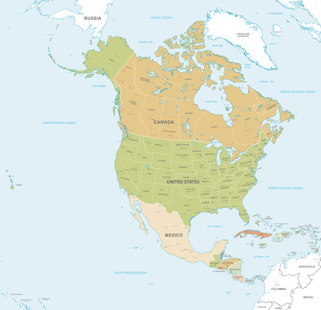 Vector map of North and Central America Continent with Countries, Capitals, Main Cities and Seas and islands names in classic soft colors.のイラスト素材