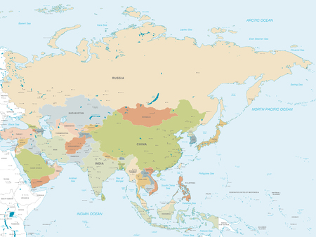Vector map of Asia Continent with Countries, Capitals, Main Cities and Seas and islands names in classic soft colors.のイラスト素材
