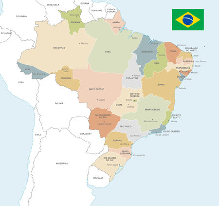 Vector Map of Brazil with Administrative borders, City and Region Names and international bordering countries in soft colors paletteのイラスト素材