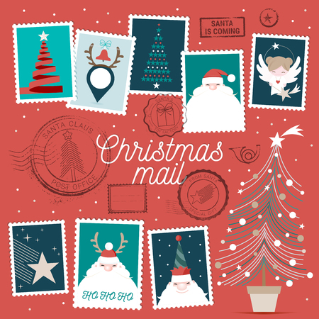 Collection of cute vector Christmas rubber stamps, postage stamps and decorationsのイラスト素材