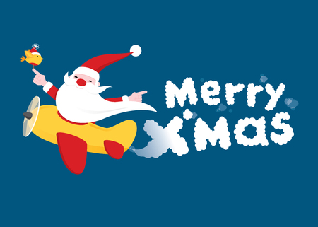 Christmas Greeting card with Santa claus flying an airplane leaving bexind a âMerry Xmasâ text with airplane smokeのイラスト素材