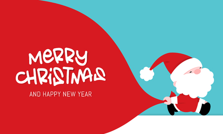 Christmas Greeting card with Santa claus dragging a big red Gift Bagのイラスト素材