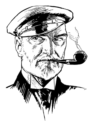Full Vector Illustration of a beautiful Vintage Ship Captain Portrait Engravingのイラスト素材
