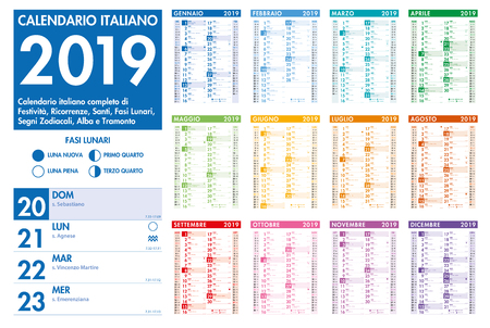 Italian Vector Colorful Monthly Calendar with All Italian Holidays, Saints, Celebrations, Lunar Phases, Previous and Next Montのイラスト素材