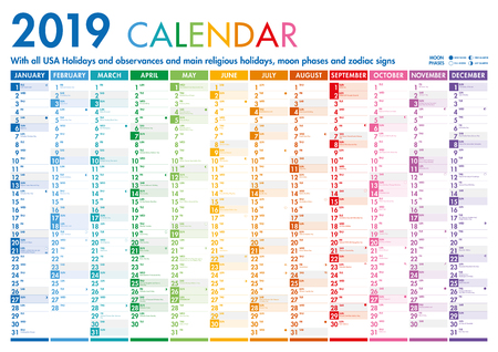 Full Vector 2019 Vertical Month Colorful Calendar with US Holidays and important days, Zodiac Signs and Moon Phasesのイラスト素材
