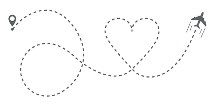 Love travel route. Airplane line path vector icon of air plane flight route with start point and dash line traceのイラスト素材