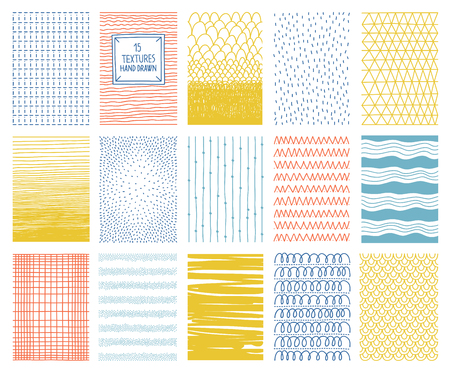 Hand drawn colorful vector textures with lines, dots and scribbles for graphic designのイラスト素材