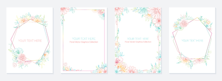 Wedding invitation frame set; flowers, leaves, isolated on white. Sketched wreath, floral and herbs garland with green, greenery color. Handdrawn Vector style, nature artのイラスト素材