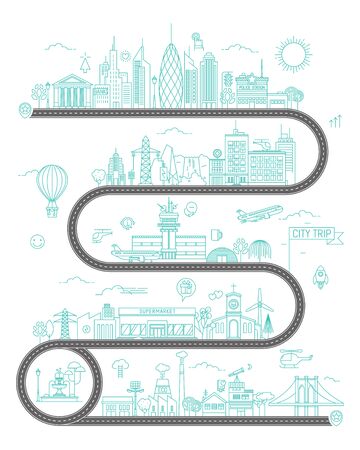 Road Map, Flat Design Vector Illustration, with landscape, houses and traffic on the streetのイラスト素材