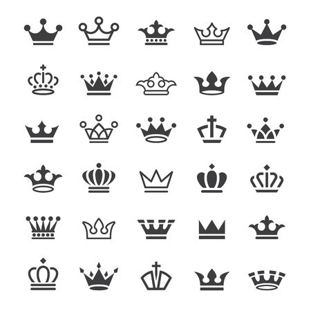 Set black vector king crowns and icon on white background. Vector Illustration. Emblem and royal symbols.のイラスト素材