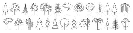 Big set of minimal trees linear icons - vectorのイラスト素材