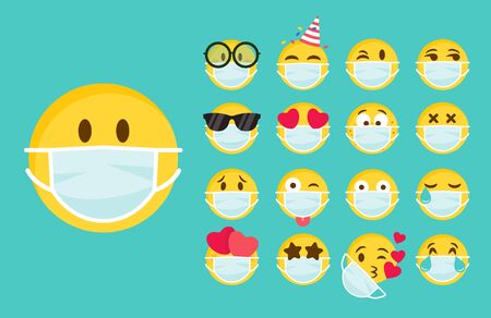 Set of emoji with a medical mask on the face. Different round yellow emoticons protect against the spread of coronavirus. Set of emojis for social networks, self-isolation. Flat vector illustrationのイラスト素材