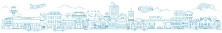 Monochrome horizontal urban landscape with city or town street or district. Cityscape with living houses and shops drawn with contour lines on white background. Vector illustration in lineart styleのイラスト素材