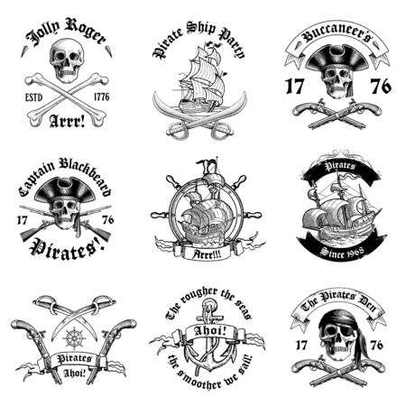 Monochrome pictures of pirate labels. Illustration of military ships, skull and guns. Skull and pirate ship emblem with weapon vectorのイラスト素材